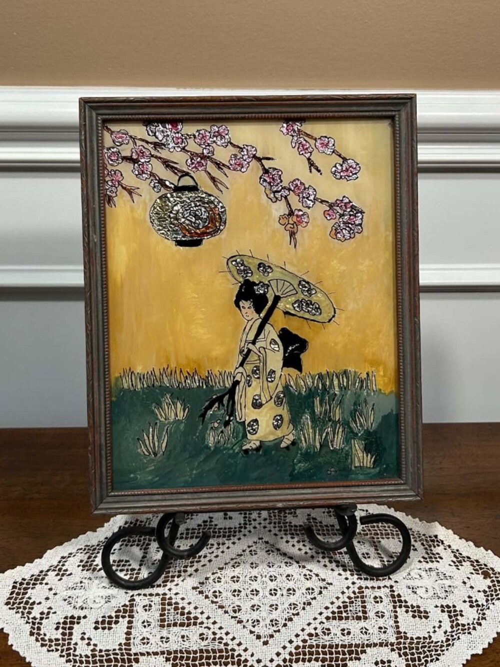 Vintage Japanese Geisha Reverse Foil Artwork 9”x11”